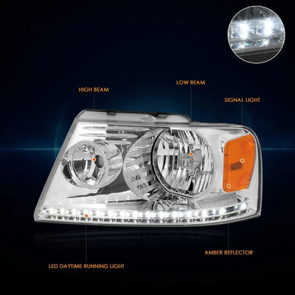 Amber Corner LED DRL Strip Headlight for Ford F150 2004-2008 - Chrome