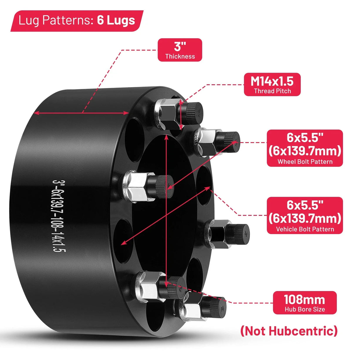Set of 4 Wheel Spacers 3" 6 Lug 6x5.5 for GMC Sierra 1500 (1999–2025)