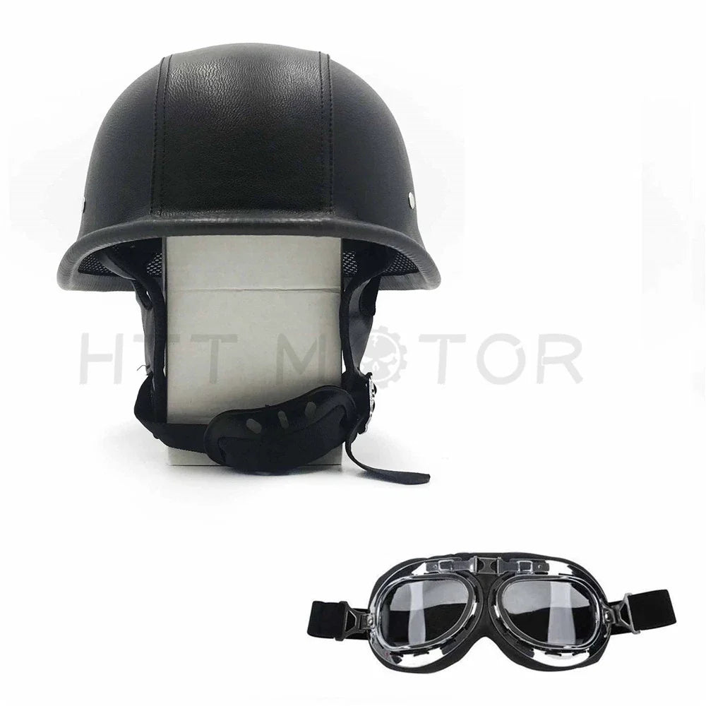 Motorcycle Half Face Helmet - Black Leather, Size L