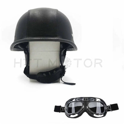 Motorcycle Half Face Helmet - Black Leather, Size L