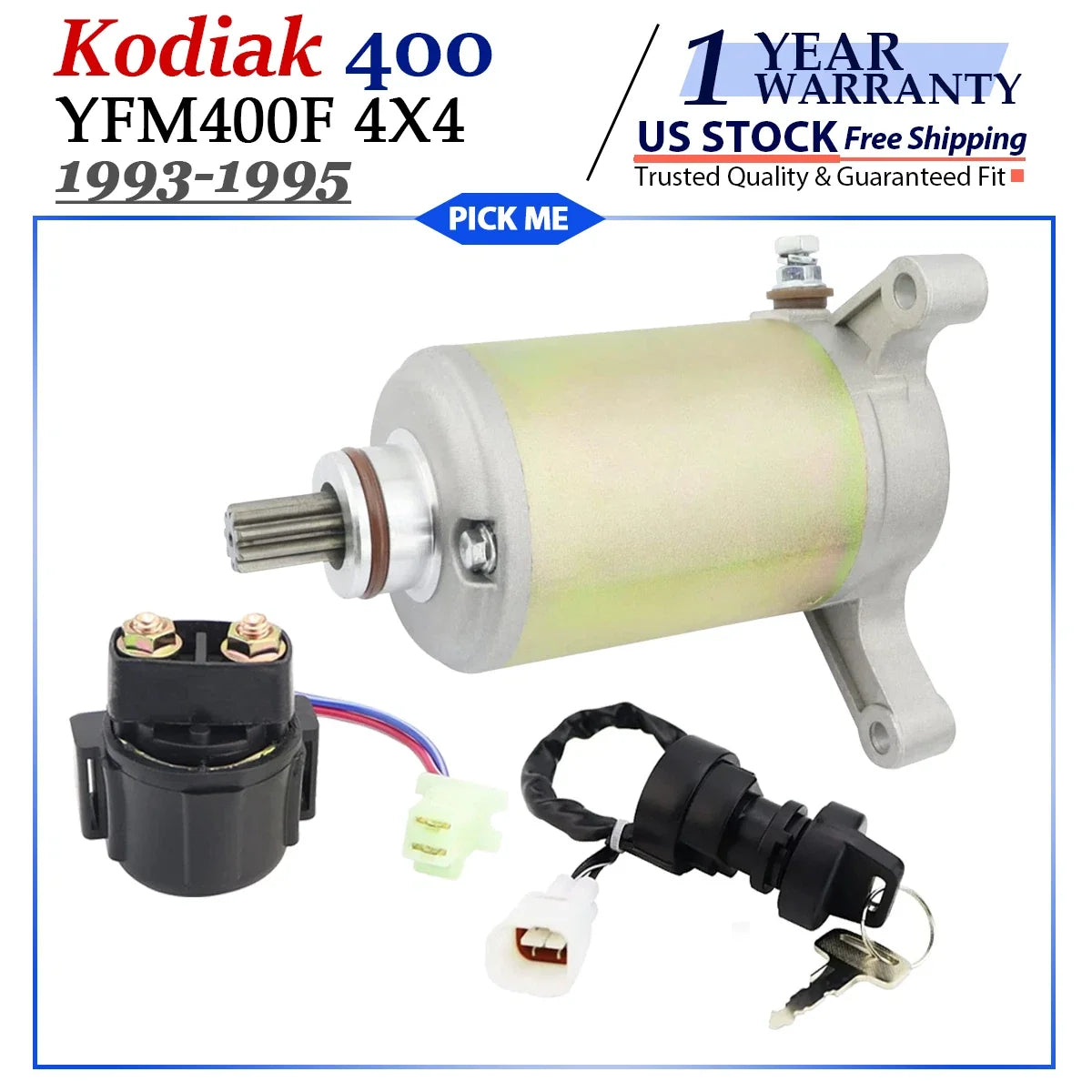 Starter for Yamaha Kodiak 400 4x4 (1993-1995) with Relay Key Switch & Bendix