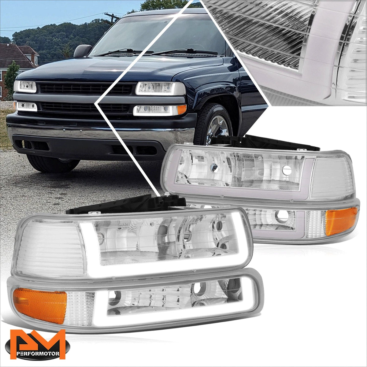 Amber LED DRL Headlights for 1999-2006 Chevy Tahoe Silverado Suburban Chrome