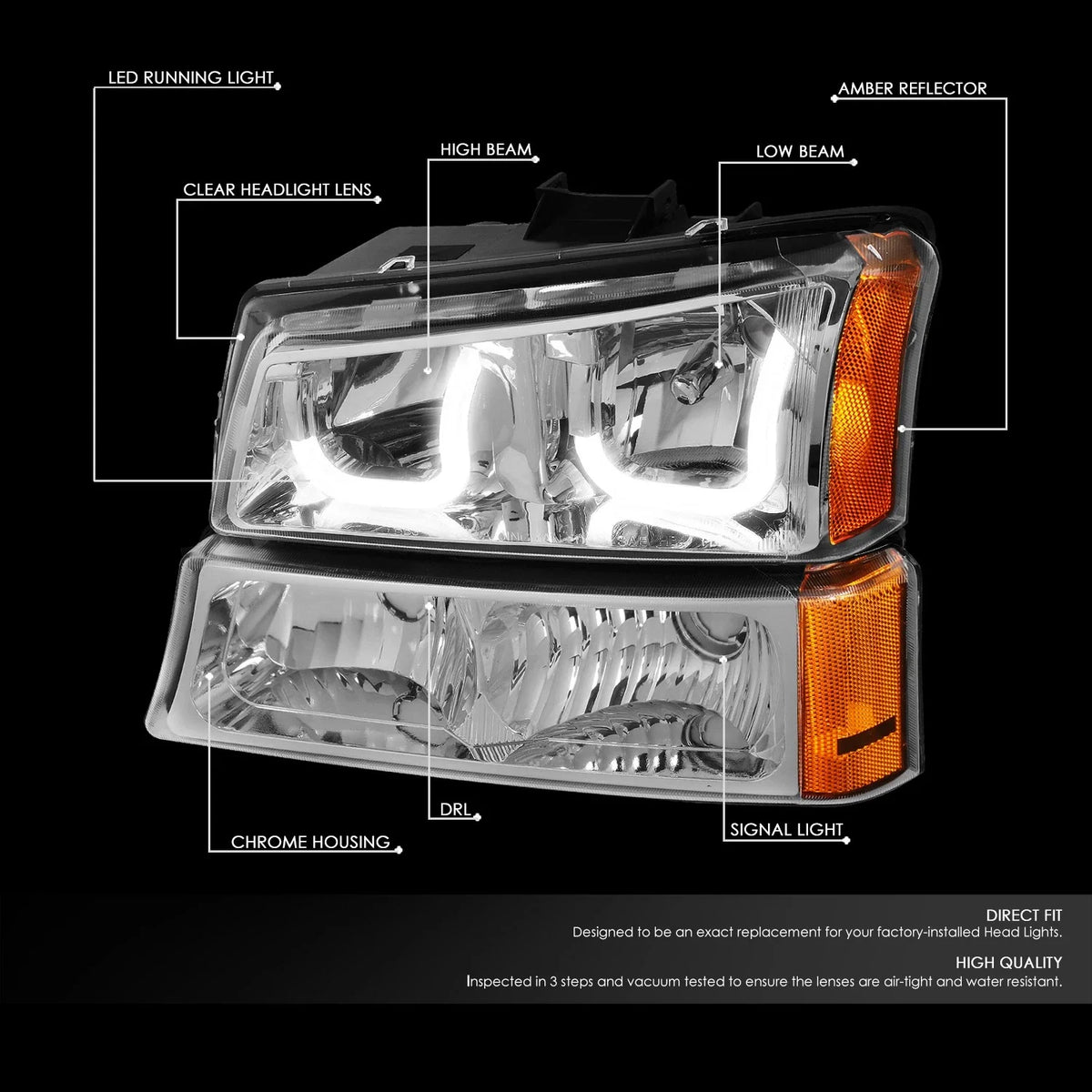 Chrome Amber J-Halo LED DRL Headlights w/ Bumper Lamps for Chevy Silverado (2003–2007)
