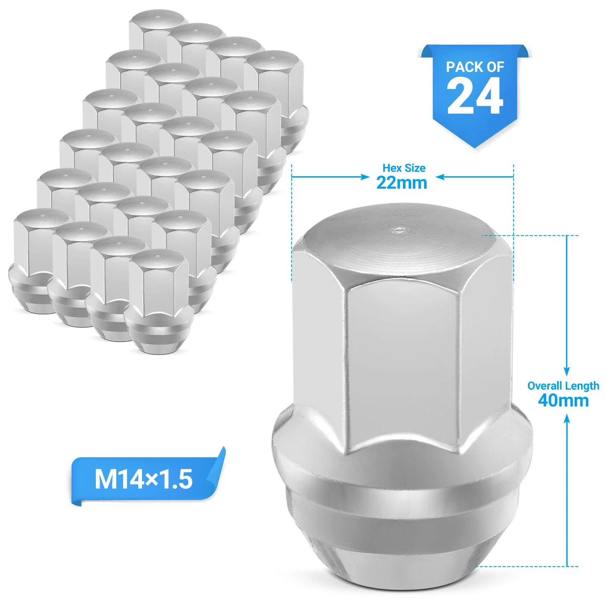 24pcs M14x1.5 Acorn Lug Nuts for (Chrome)