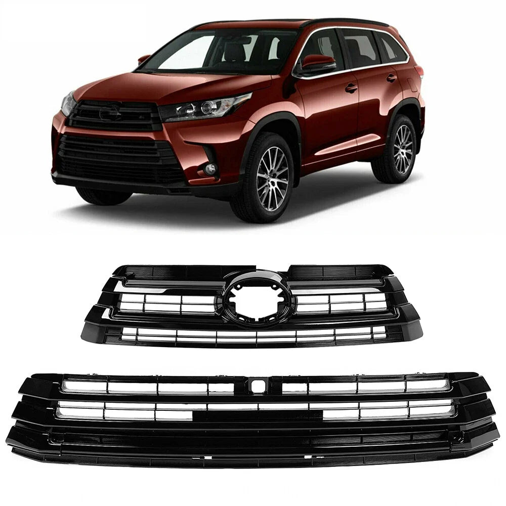 Set of 2 Front Upper and Lower Grilles for Toyota Highlander (2017–2019) Gloss Black