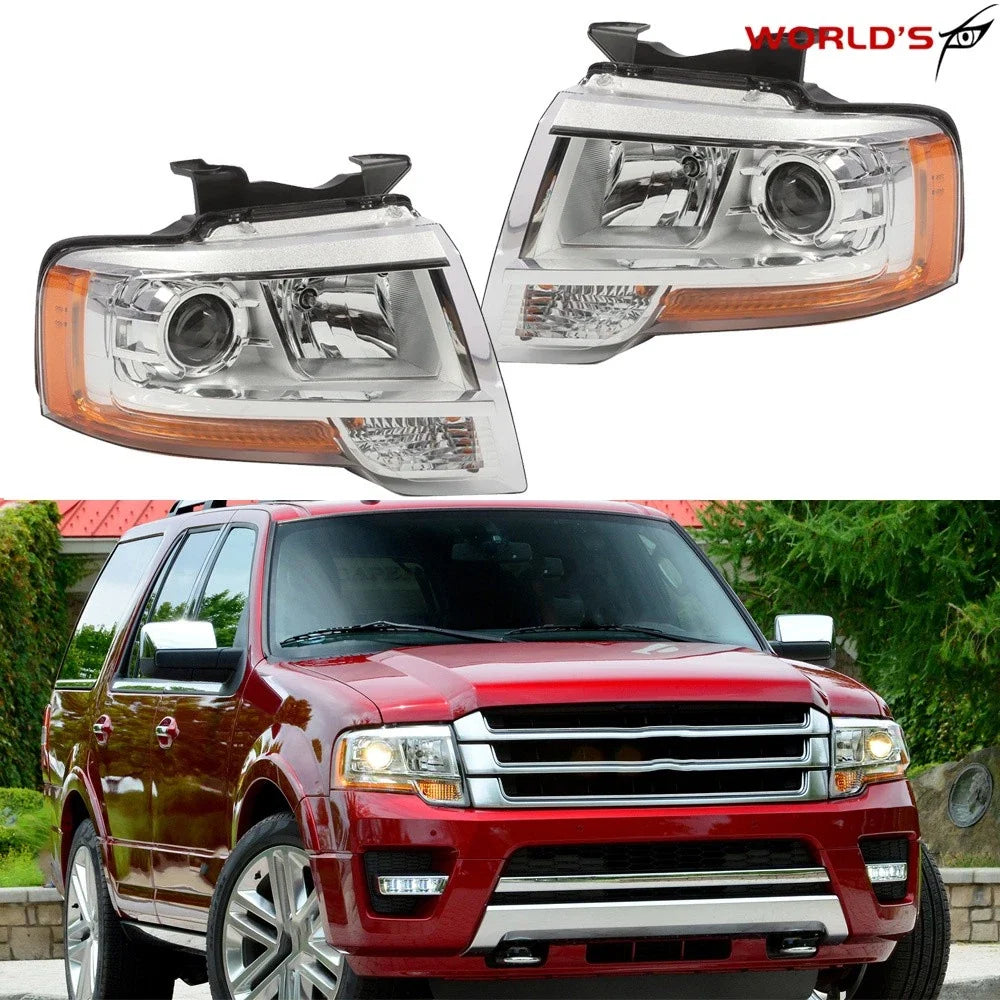 Set of 2 Halogen Projector Headlights for Ford Expedition (2015–2017) Chrome Housing