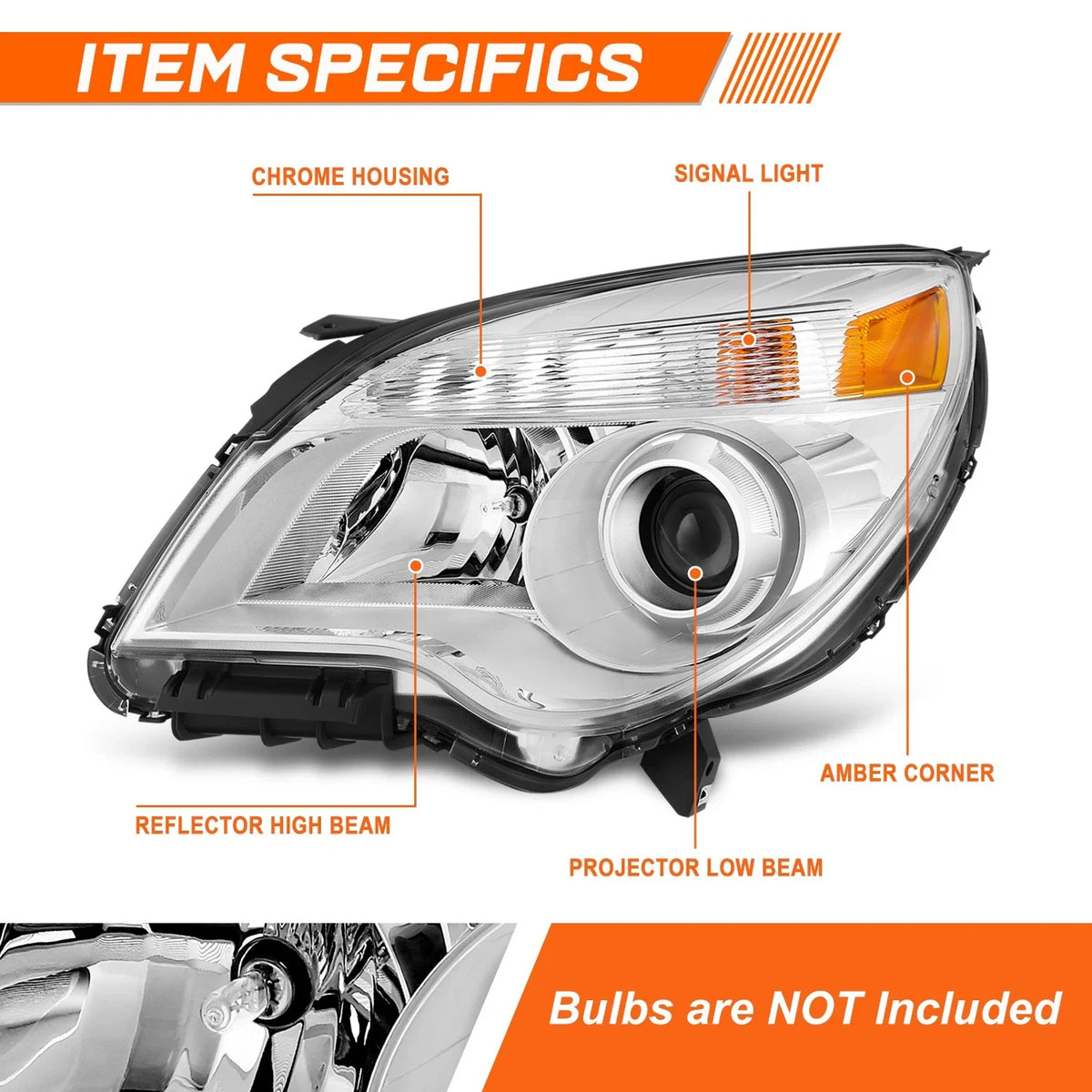 Left Side Projector Chrome/Amber Headlight for Chevy Equinox LTZ (2010–2015)