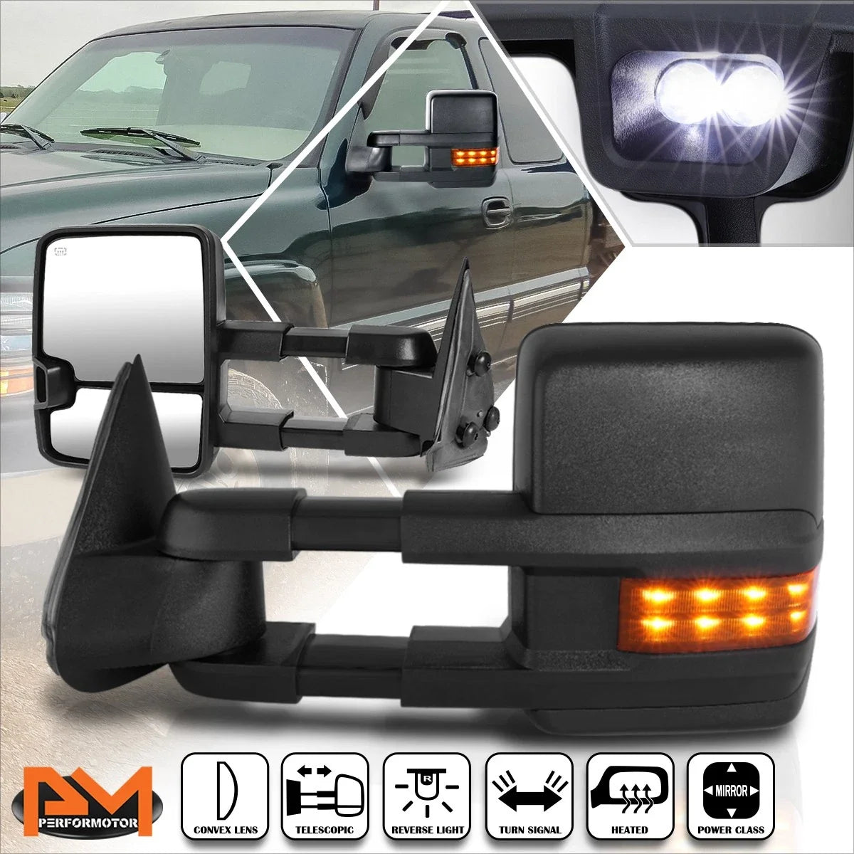 Power Heated Black Towing Mirrors Set with LED for 1999-2002 Sierra/Silverado