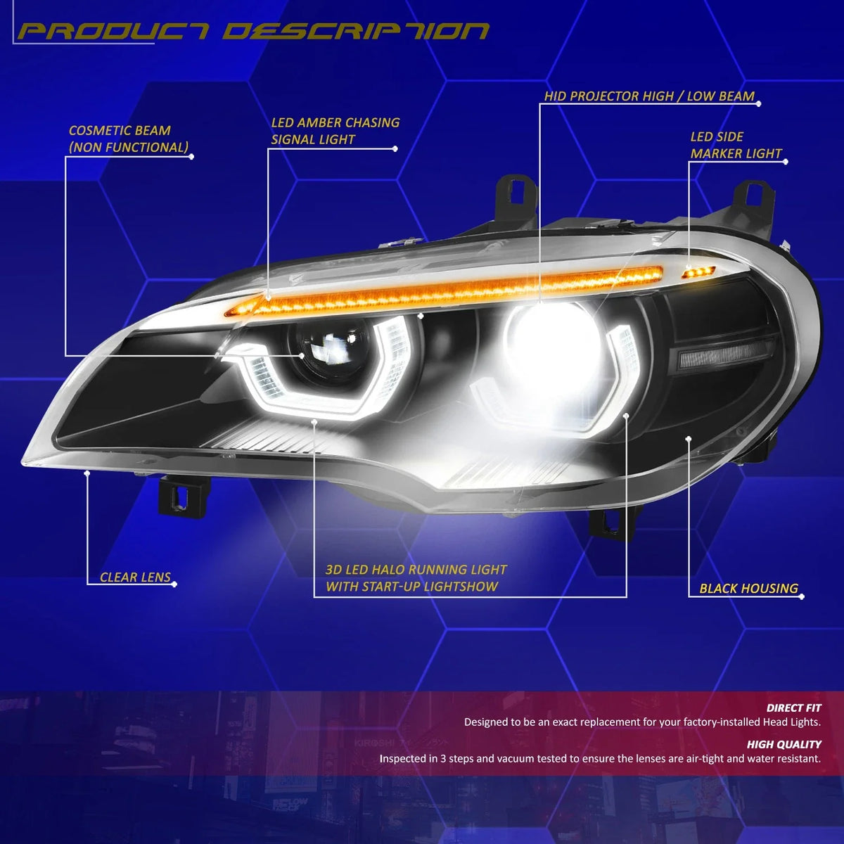 LED Projector Sequential Headlights for BMW X5 (2007–2010) - Black Housing, Clear Lens