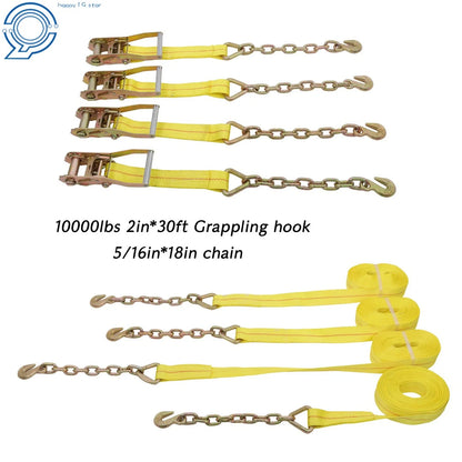 Set of 4 Ratchet Straps 2 Inch x 30 Foot G70 Chain 10000LBS Break Strength