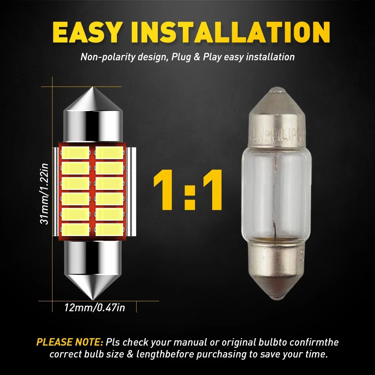 LED Map Dome Light Bulb Set 2X 31MM DE3175 DE3022 6000K