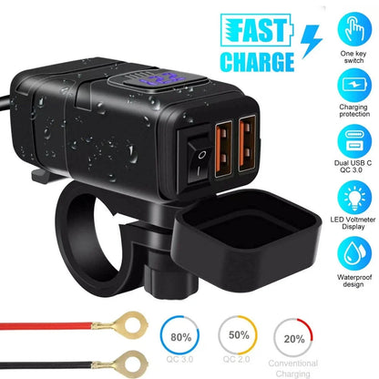 QC3.0 Dual USB Charger with Blue LED Voltmeter for Motorcycle (Universal)