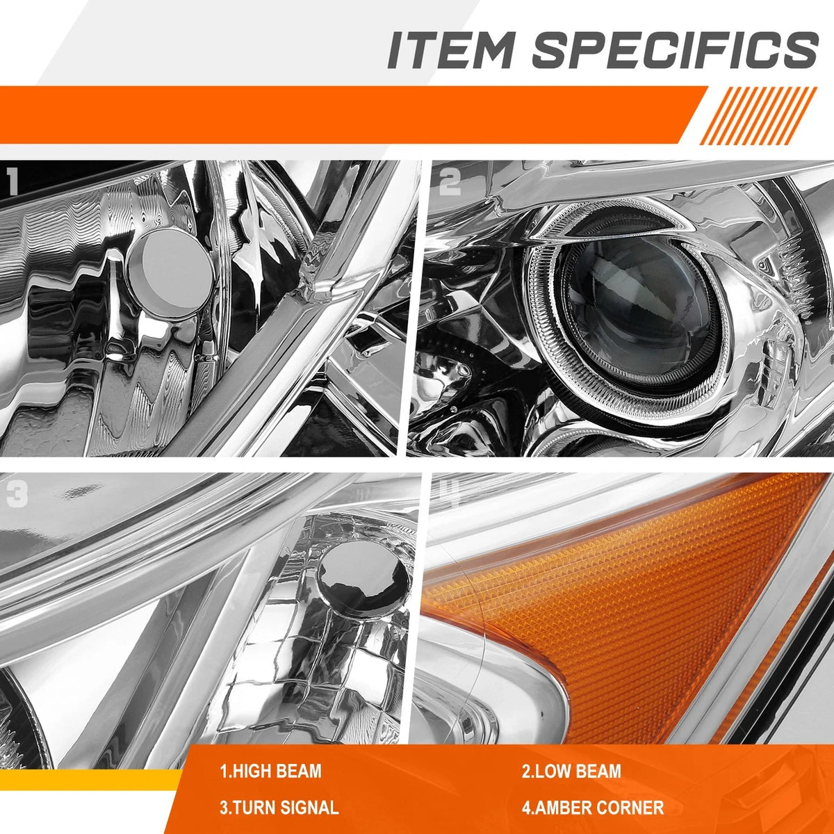 Projector Headlight Assembly in Chrome Amber for Honda Accord Sedan 2016-2017