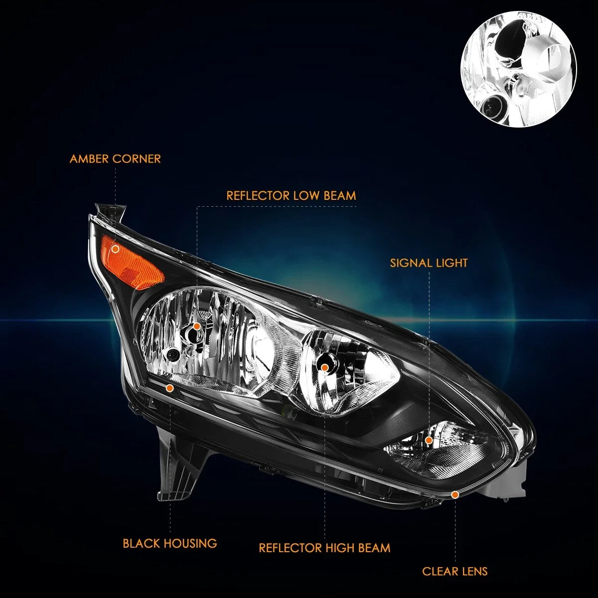 Black Housing Right Headlight for Ford Transit Connect (2014-2018)
