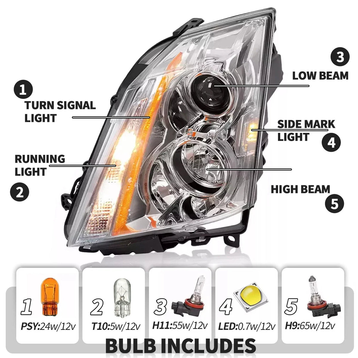 Halogen Headlight Pair for Cadillac CTS 2008-2015 - Left & Right Bulbs