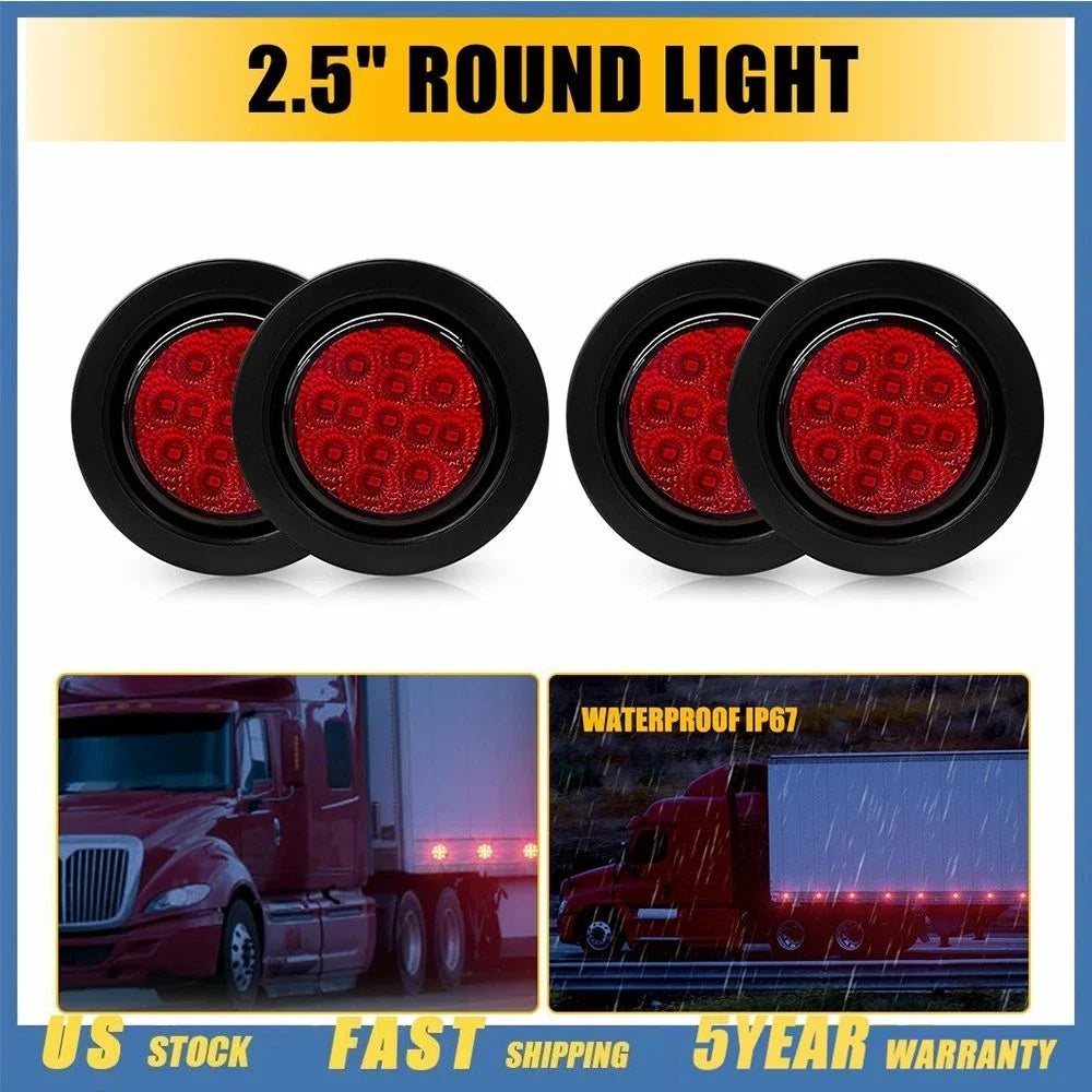 4pc 2.5 Inch DOT Round Red LED Trailer Side Marker Lights for Truck (H)