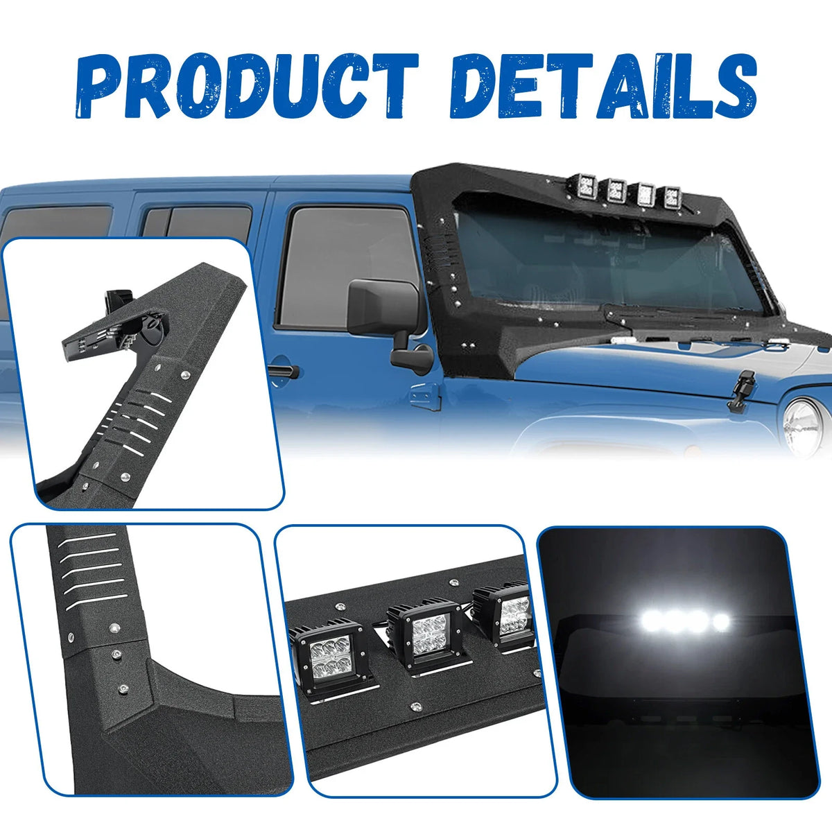 Armor Windshield Frame Cover for Jeep Wrangler JK (2007–2018) w/ LED Lights