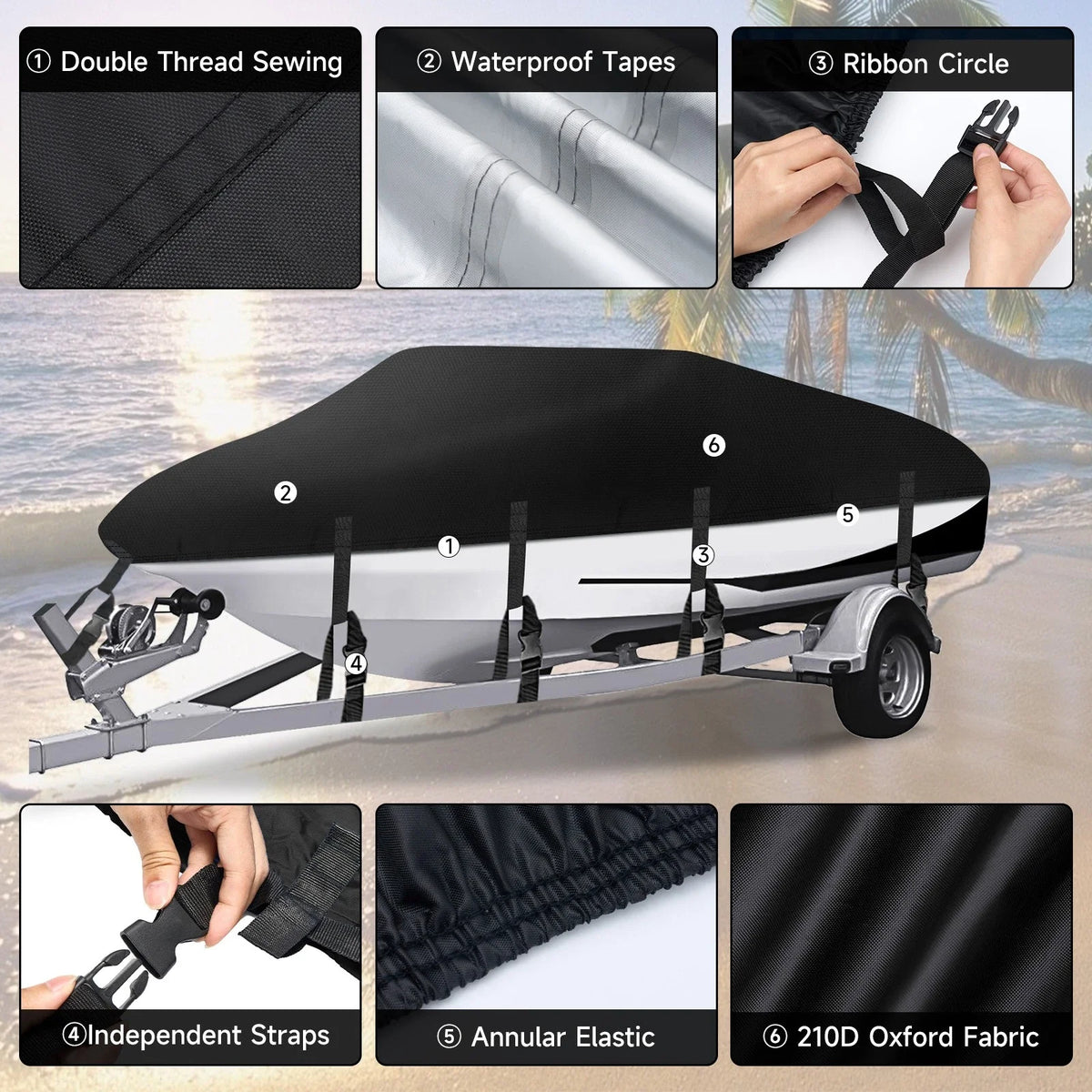 Heavy Duty 210D Boat Cover for V-Hull 17FT-19FT - Waterproof