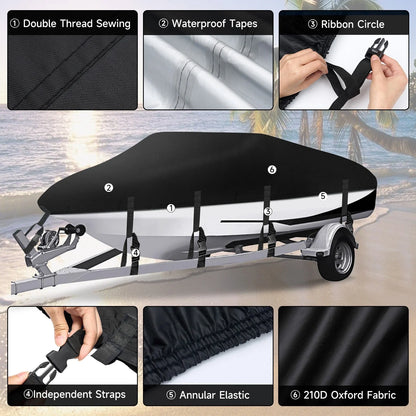 Heavy Duty 210D Boat Cover for V-Hull 17FT-19FT - Waterproof