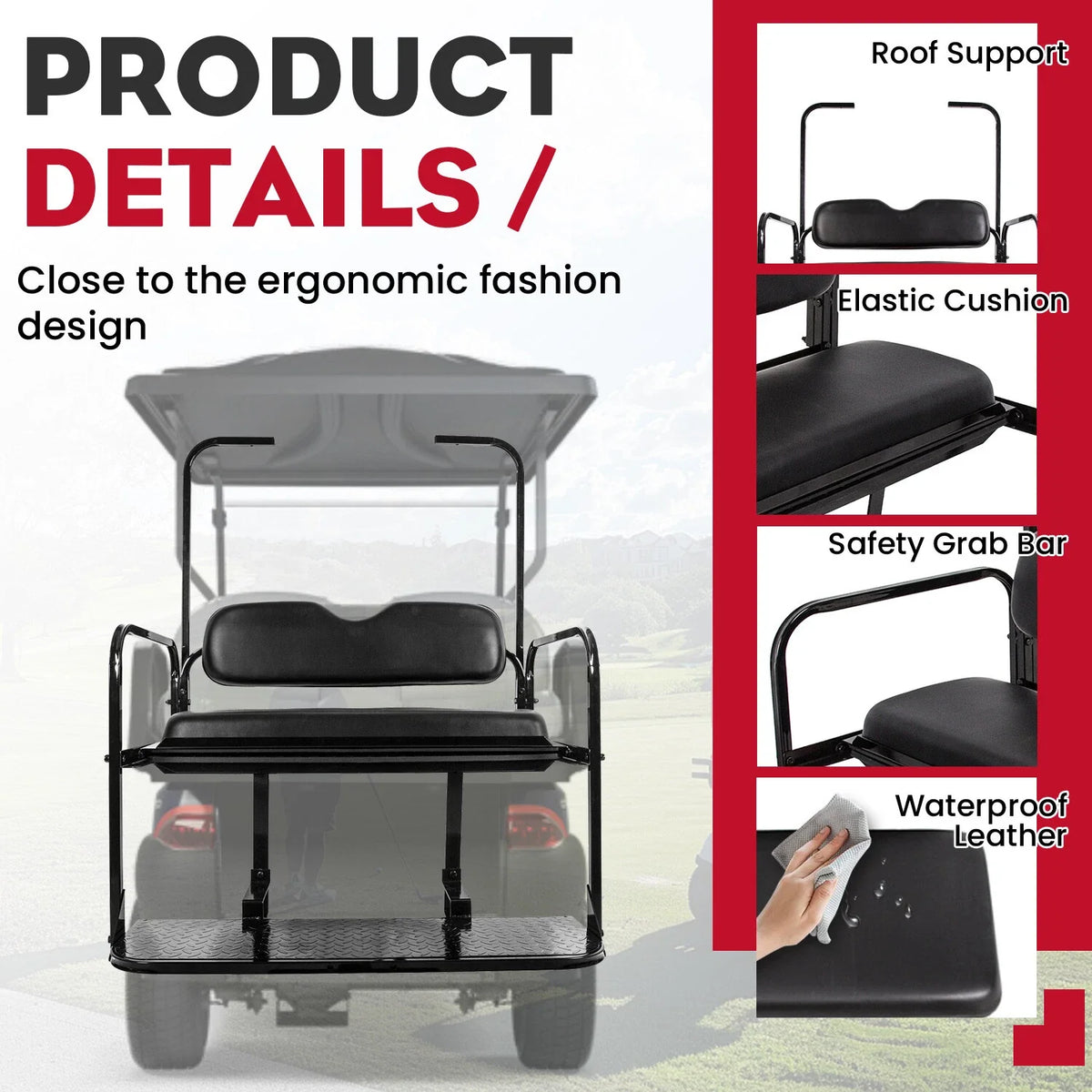 Black Cushion Rear Flip Seat Kit for EZGO TXT Golf Cart with Roof Support