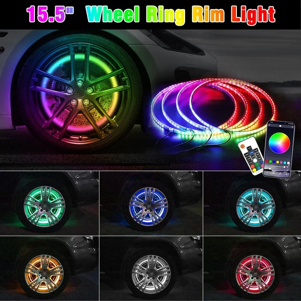 LED 15.5" Wheel Rim Ring Light for Universal Vehicles (RGB, Bluetooth)