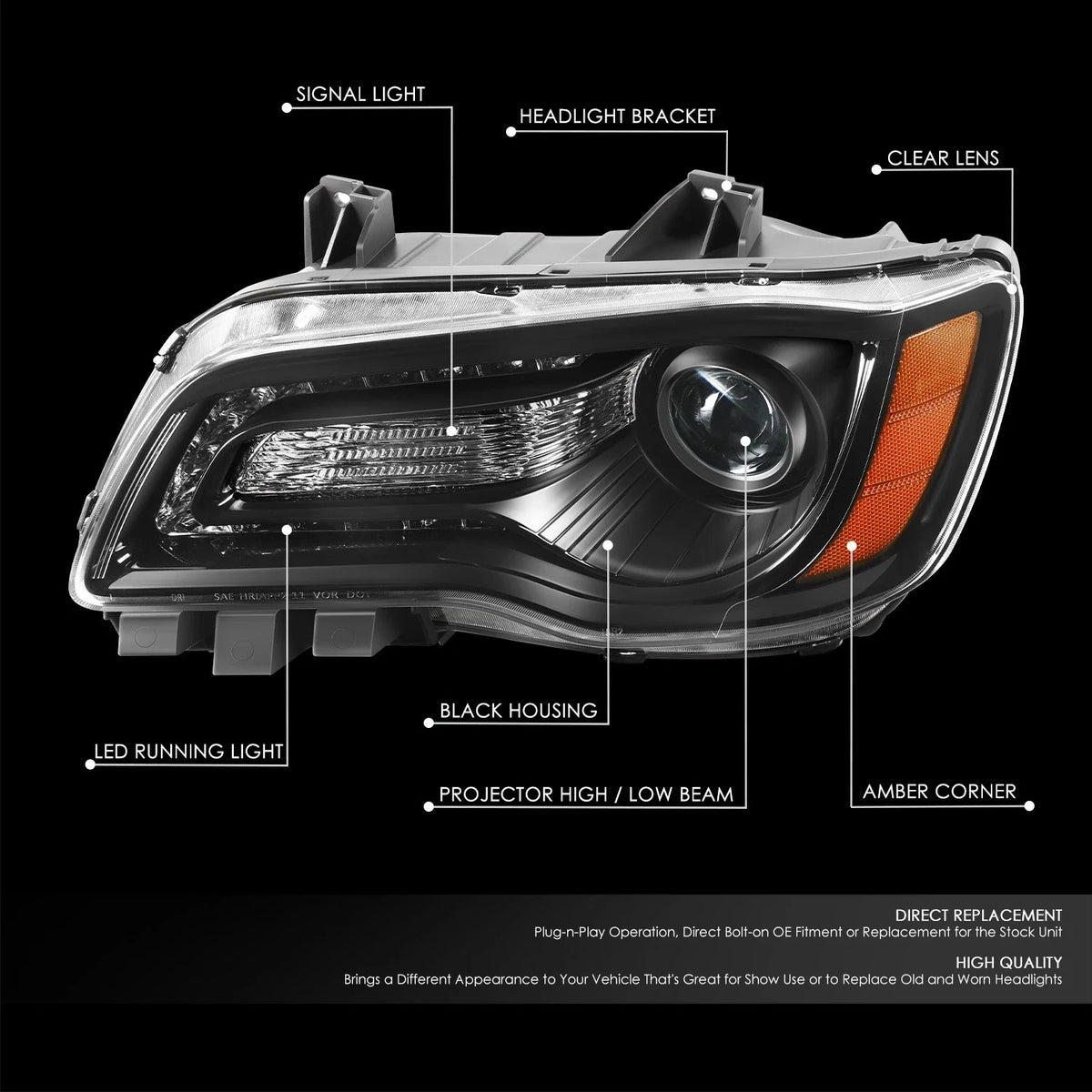 LED DRL Left Side Projector Headlight for Chrysler 300 (2011–2014)