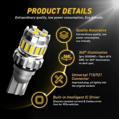 4X 921 LED Reverse Light Bulbs for Universal (Error Free, 2400LM, White)