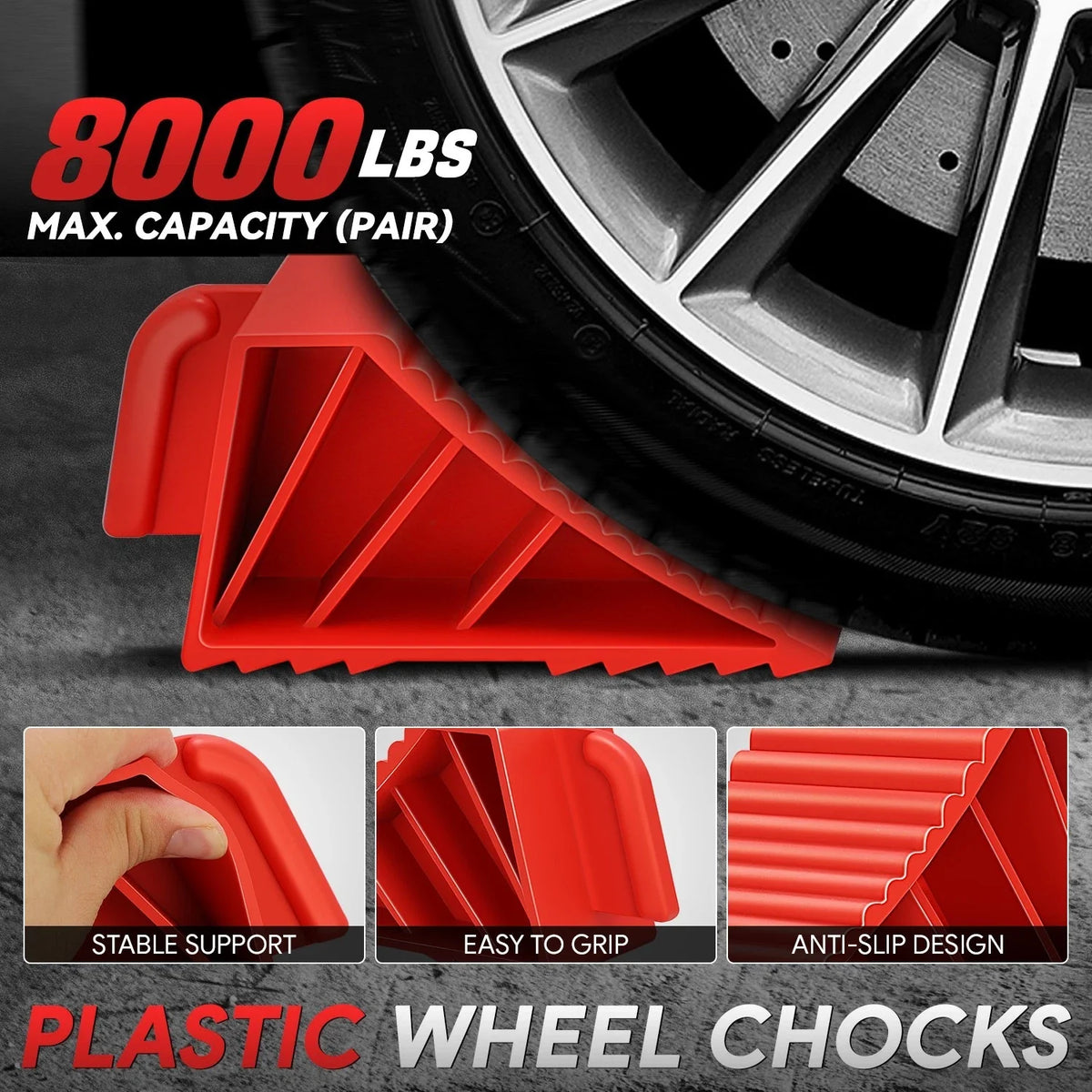 Set of 2 Red Stackable Wheel Chocks with Handle 8000lbs Capacity