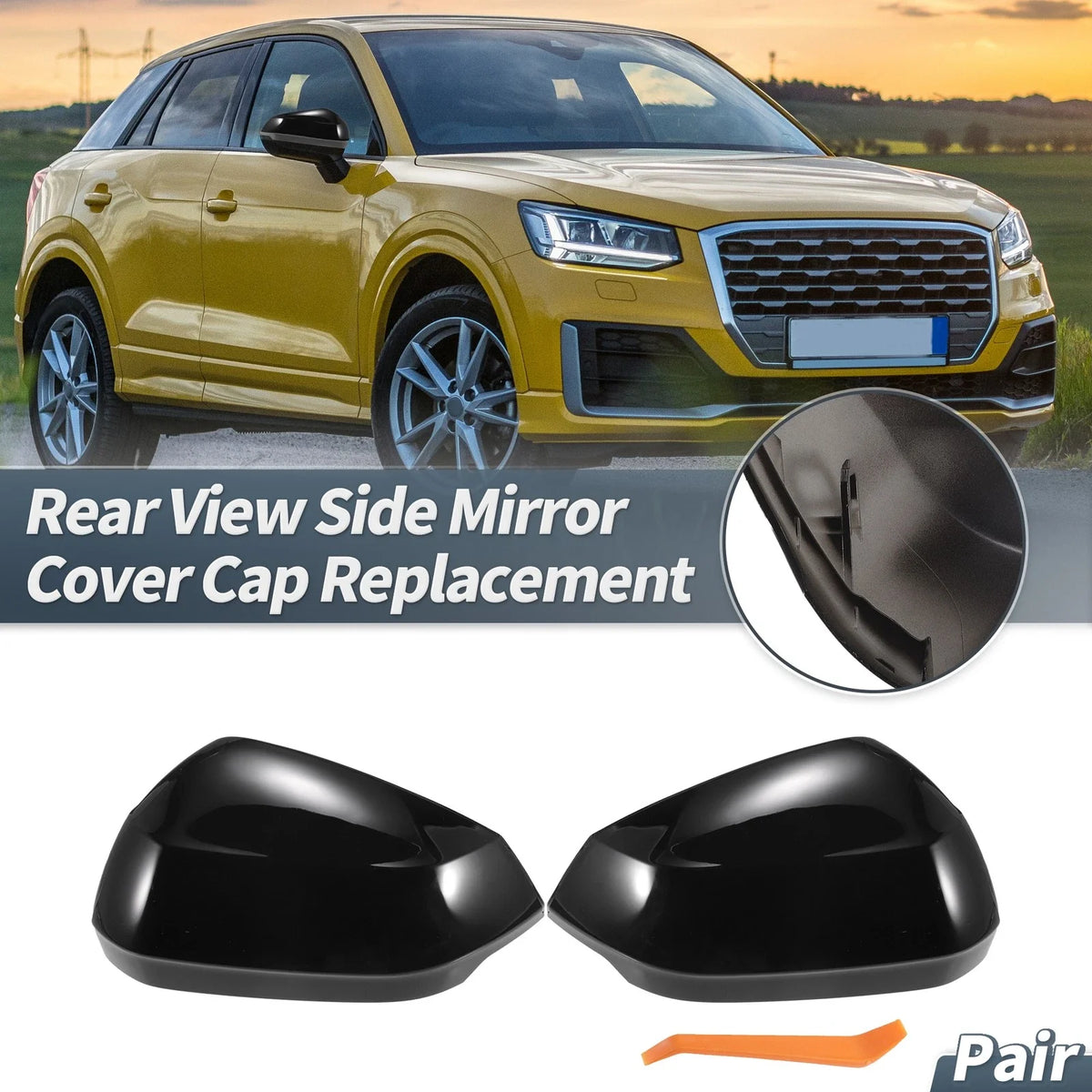 Pair Rearview Mirror Cover Cap Gloss Black for Audi Q2 Q3 RSQ3 (2017–2024)