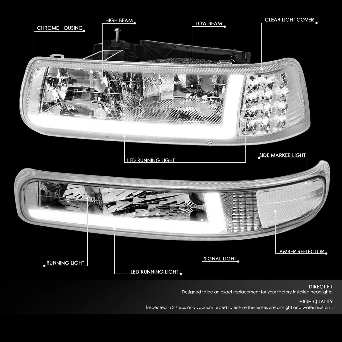 LED DRL Headlight Corner Bumper Signal Lamp Chrome for Chevy Silverado (1999–2002)