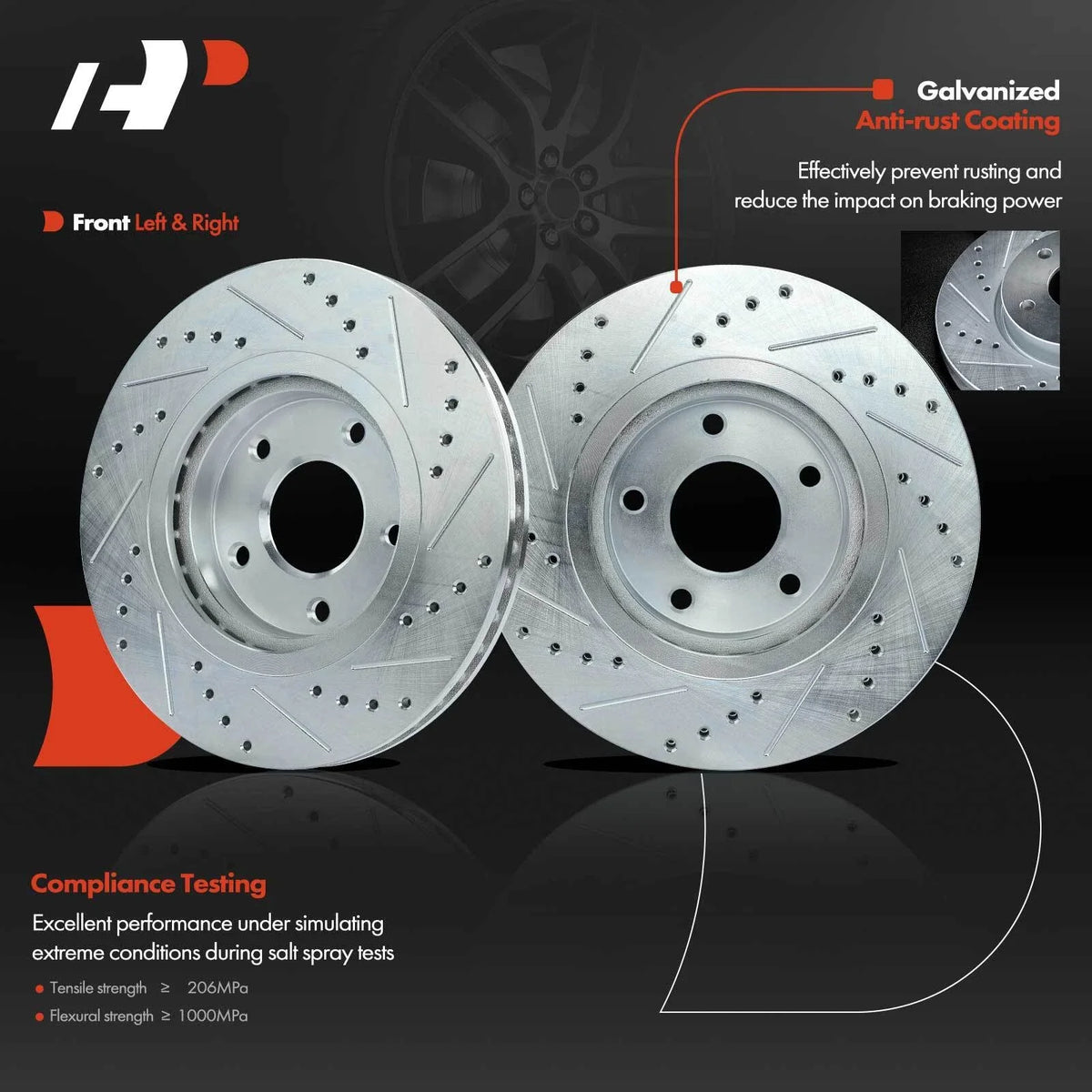 Front Brake Rotors (Drilled) & Ceramic Pads for 2014-2017 Nissan Rogue