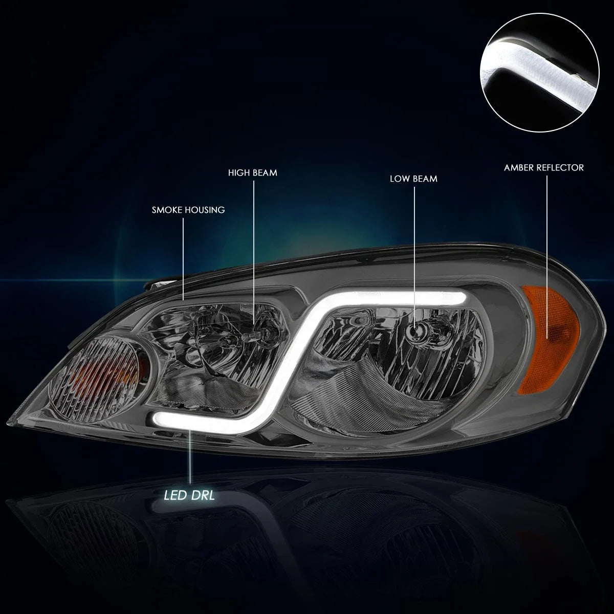 Headlight with LED DRL for Chevy Impala (2006–2016) Smoked Housing Amber Corner