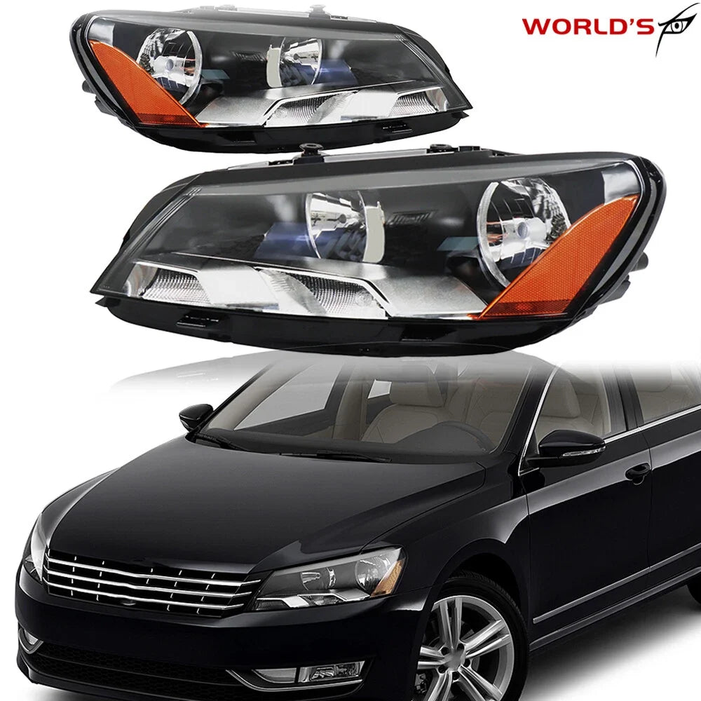 Set of 2 Halogen Headlights for Volkswagen Passat (2012–2015) Black Housing