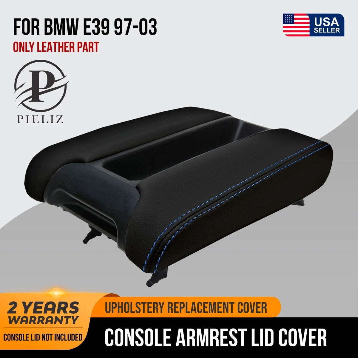 Leather Center Console Lid Armrest Cover for BMW E39 (1997–2003) Blue Stitch