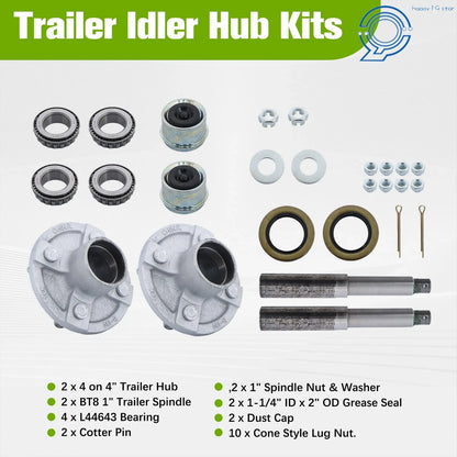 Idler Trailer Axle Kits Set of 2 4 on 4" Bolt 1" Hub Round BT8 Spindle
