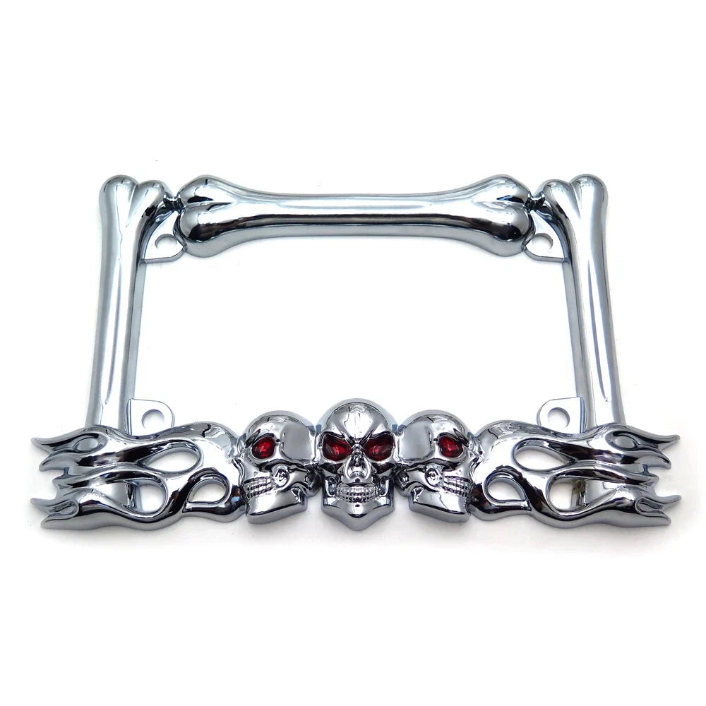 Motorcycle License Plate Frame - Skull & Flame Design in Chrome