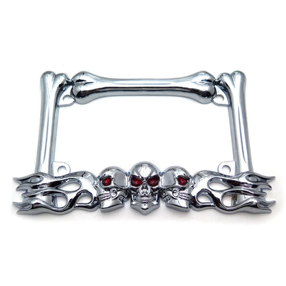 Motorcycle License Plate Frame - Skull & Flame Design in Chrome