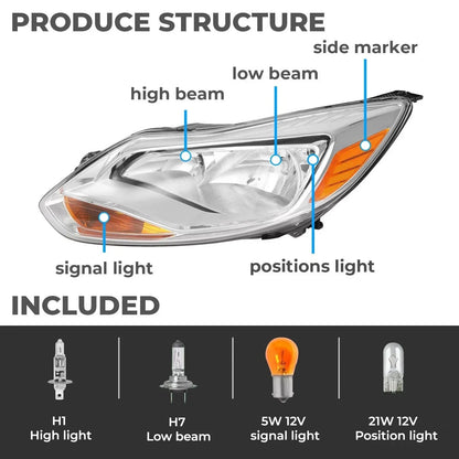 Headlight Assembly Set (Clear) for Ford Focus 2012-2014 L+R with Bulb