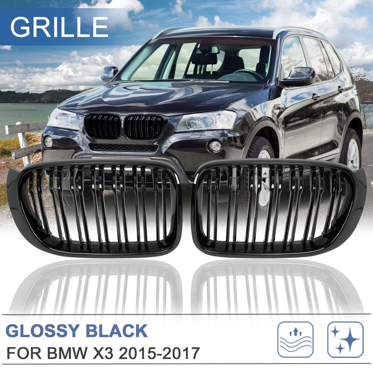Glossy Black Kidney Grille for BMW X3 (2015–2017)