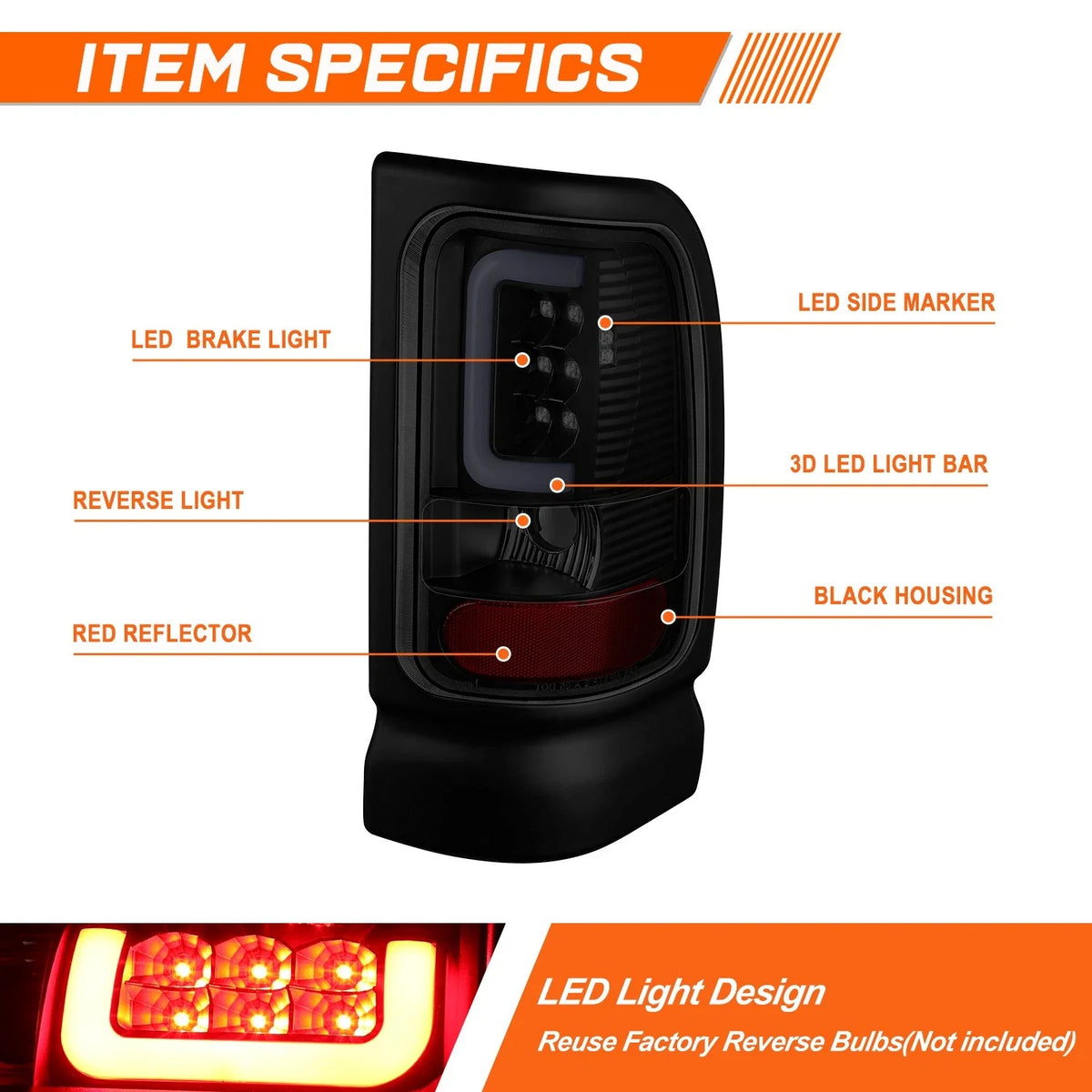 3D LED C-Bar Tail Light for Dodge Ram Pickup (1994–2002)