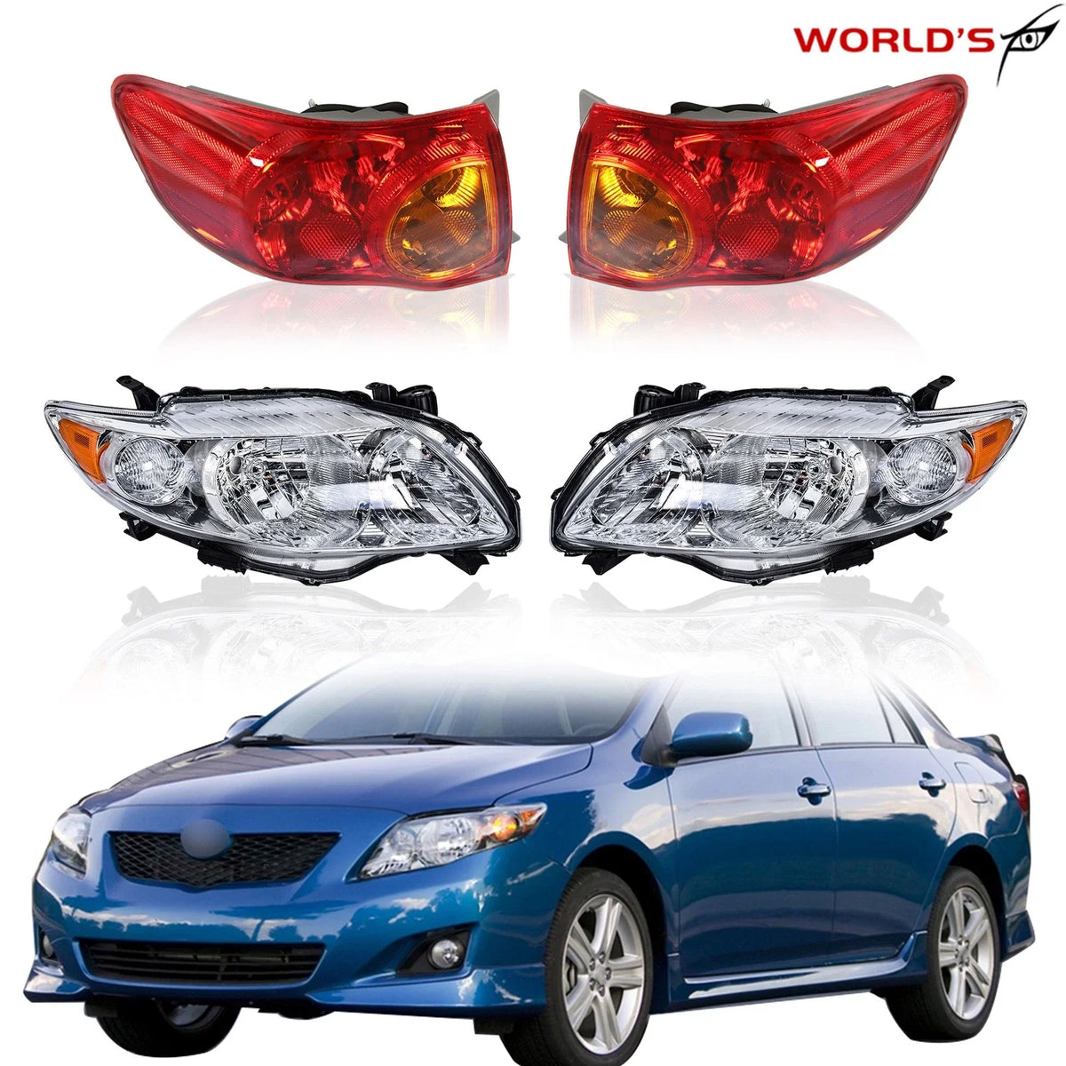 Pair of Halogen Chrome Headlights & Red Outer Tail Lights for Toyota Corolla (2009–2010)