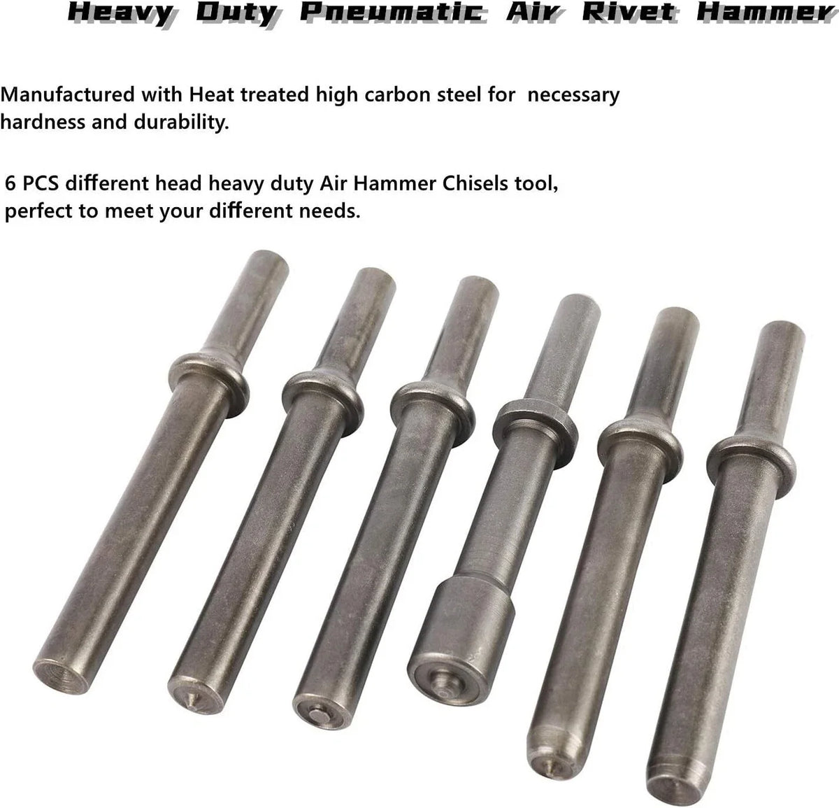 7-Piece Pneumatic Rivet Hammer Tool Set Including Chisel Bits