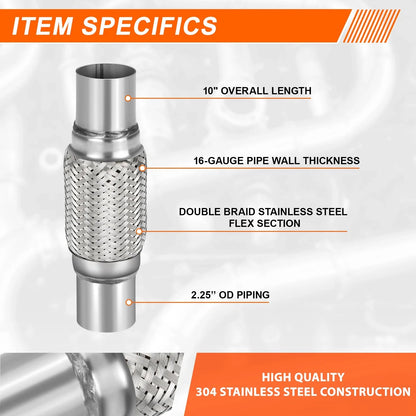 10" Length 2.25" OD Double Braid Stainless Steel Flex Tube Exhaust Pipe