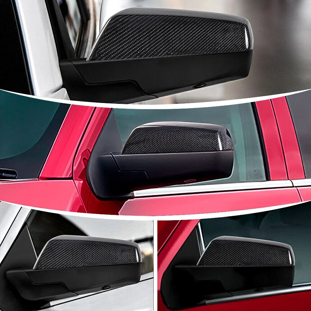 2X Glossy Carbon Fiber Mirror Cover Caps for Silverado Sierra (2014–2019)
