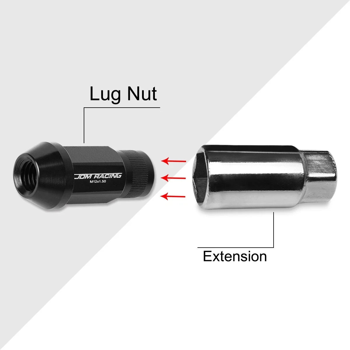 20Pc M12X1.5 Black JDM Open End Bulge Hex Lug Nuts + 25mm Extension