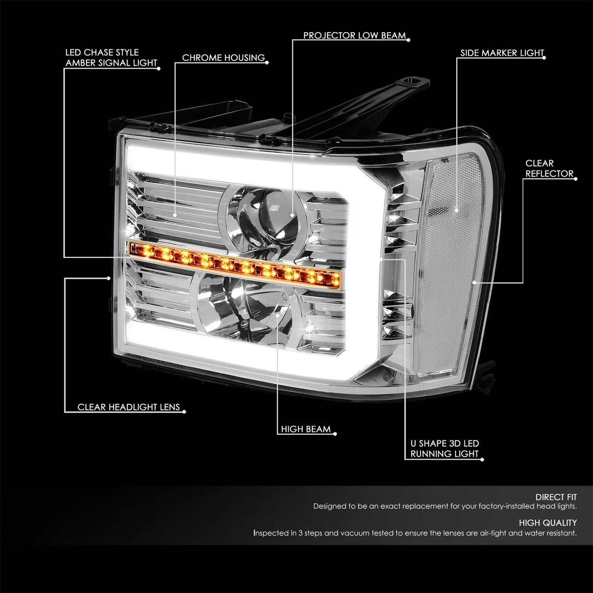 LED Projector Headlight Lamps for GMC Sierra (2007–2014) - Chrome, Sequential Signal
