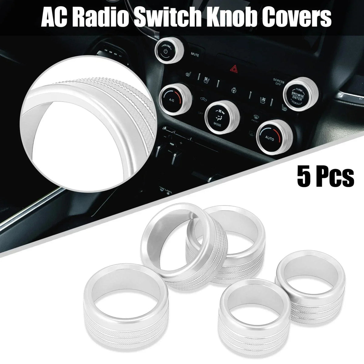 AC Radio Switch Knob Covers - Silver Tone Set of 5 for Dodge Ram 1500 2018-2020