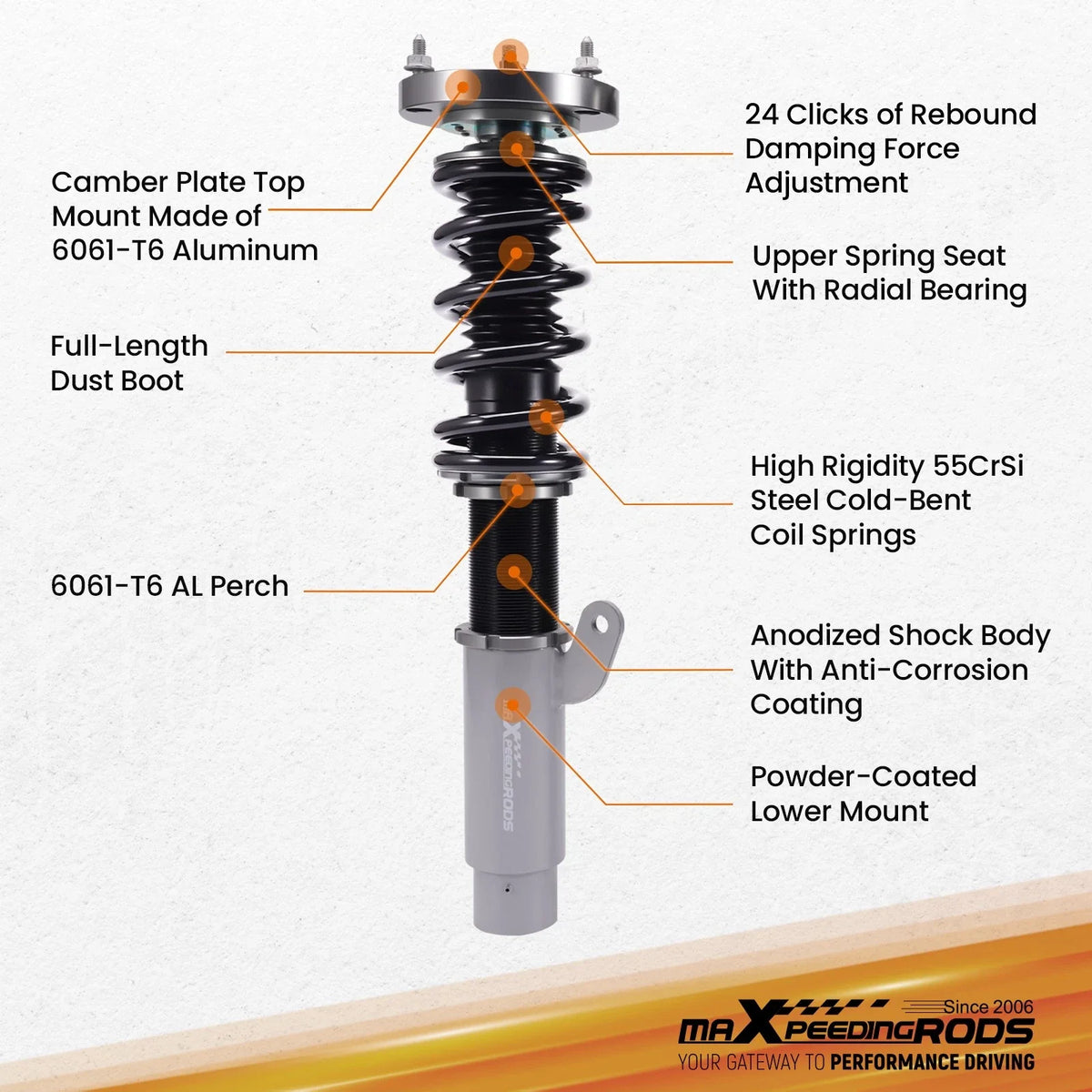 Coilover Struts with Adjustable Dampening & Camber Plates for BMW E46 1998-2006