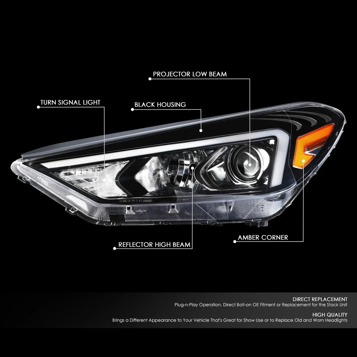 Left Driver Side Projector Headlight Assembly for Tucson (2019–2021)