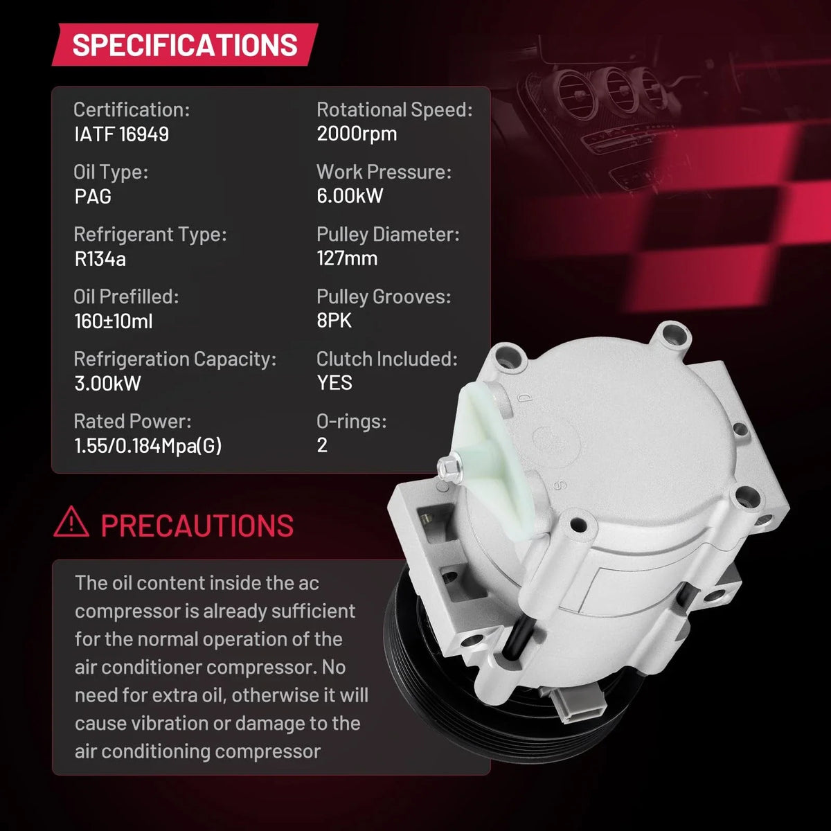 Compressor A/C for Ford Focus (2005–2007) and Mercedes C300 (2015–2020)